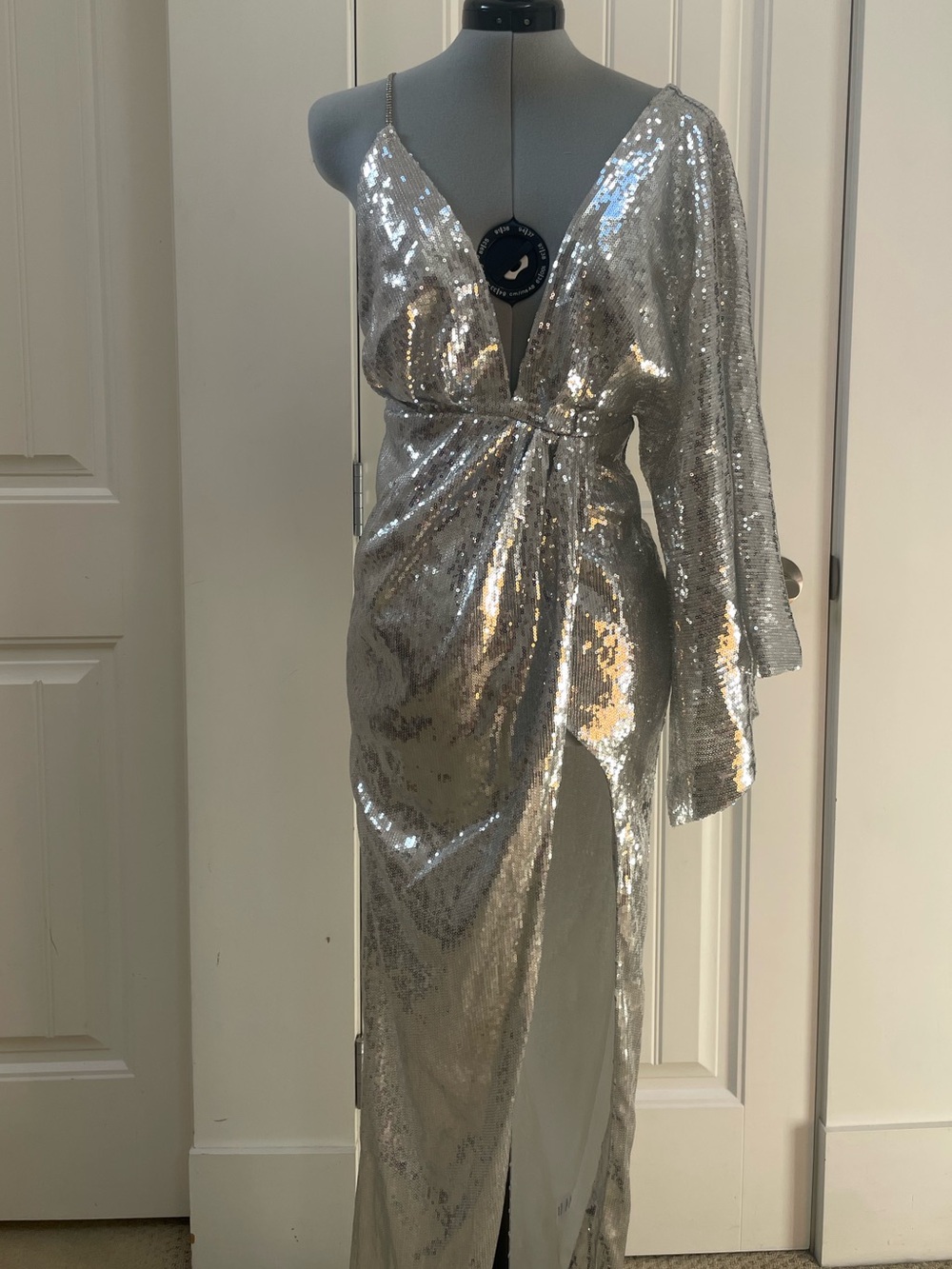 Michael Costello x Revolve One-Shoulder Silver Sequin Evening Gown